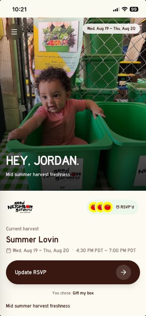 Good Neighbor Gardens CSA Food Distribution App — Summer Lovin harvest screen